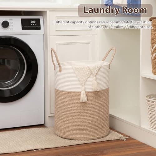 OIAHOMY Large Laundry Basket Hamper - 60L Cotton Rope Woven Basket for Blankets, Toys, Clothes - Tall Decorative Nursery Hamper with Long Handles, Brown/White — view 7