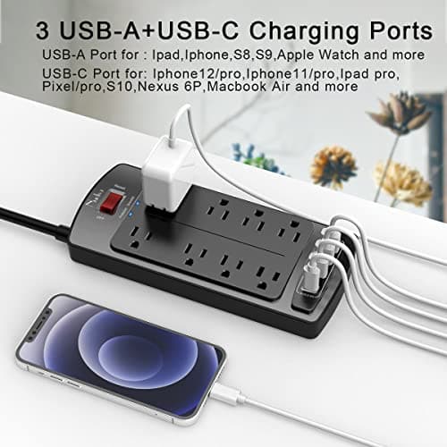 Surge Protector Power Strip - Nuetsa Flat Plug Extension Cord with 8 Outlets and 4 USB Ports, 6 Feet Power Cord, 2700 Joules, ETL Listed, Black — view 3