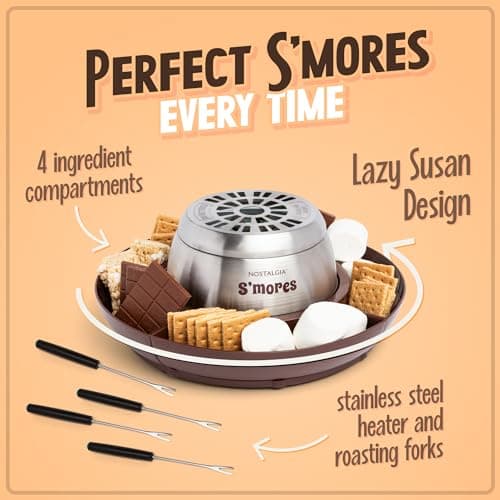 Nostalgia Tabletop Indoor Electric S'mores Maker - Smores Kit With Marshmallow Roasting Sticks and 4 Tray Lazy Susan for Graham Crackers, Chocolate, and Marshmallows - Movie Night Supplies - Brown — view 4