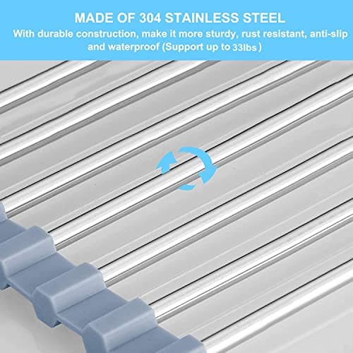 Seropy Roll Up Dish Drying Rack, Over the Sink Dish Drying Rack Kitchen Rolling Dish Drainer, Foldable Sink Rack Mat Stainless Steel Wire Dish Drying Rack for Kitchen Sink Counter Storage 17.5x11.8 — view 4