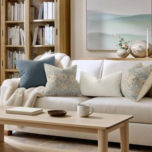 Vintage Floral Print Throw Pillow Covers 18x18 Set of 2 Neutral Modern Farmhouse Pillowcases Accent Decorative Cushion Covers Boho Home Decor for Couch Sofa Chair Bed Living Room, Sky Blue — view 5