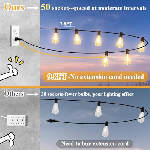 Brightever LED Outdoor String Lights 100FT Patio Lights with 52 Shatterproof ST38 Vintage Edison Bulbs, Outside Hanging Light Waterproof for Porch, Deck, Garden, Backyard, Balcony, 2700K Dimmable — view 2