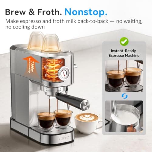 XIXUBX 20 Bar Espresso Machine, Compact Stainless Steel Espresso Maker with Milk Frother and Milk Frothing Pitcher, Coffee Machine for Cappuccino and Latte, 42 oz Water Tank for Home, Office, Silver — view 4