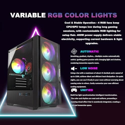 DeXwtzfn Gaming PC, i5 CPU Up to 3.6 GHz, Integrated Graphics Card, 256GB SSD, 8GB RAM, RGB Fansx4 for Desktop PC, WiFi 6 BT 5.3, Win11 (i5 CPU/8G/256GB) — view 2