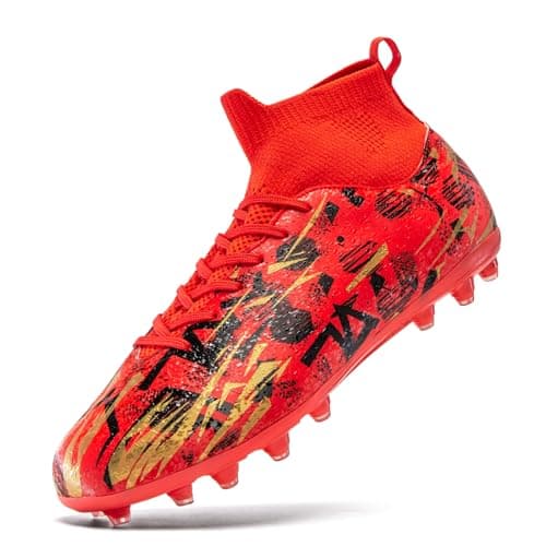PMKZSES High-Top Soccer Cleats for Outdoor Training Matches Football Shoes Red