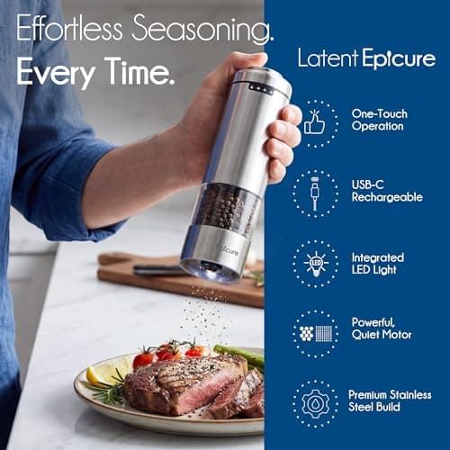 Latent Epicure Electric Salt and Pepper Grinder Set, USB-C Rechargeable Stainless Steel Mills with LED Light, Adjustable Ceramic Grinders with Acrylic Mill Rest Tray — view 2