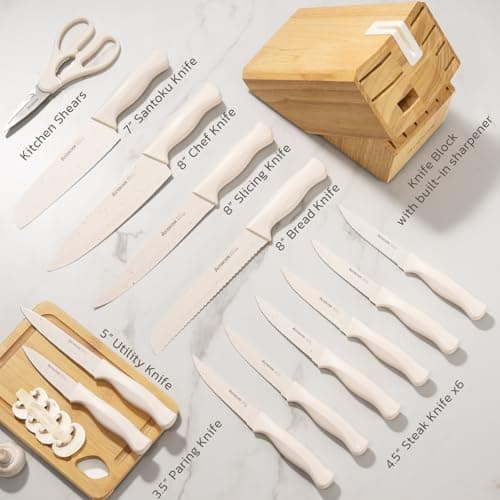 Astercook Knife Set, 15 Pieces Kitchen Knife Set with Sharpener Block, German Stainless Steel Knives with Anti-Rust Coating, Dishwasher Safe, Elegant Cream White Design, Perfect for Holiday Gifts — view 2