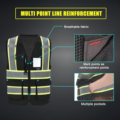 11 colors available Customize Logo black reflective vest High Visibility Reflective Safety Vest for Women Men High Visibility Security with Pockets Zipper Front Meets ANSI/ISEA Standards — view 3