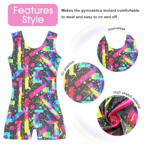 uideazone Gymnastics Leotard for Girls Biketards Sparkly Tank Ballet Unitard with Shorts Quick Dry One-Piece Outfits 2-9Years, 80s90s, 8-9 Years — view 2