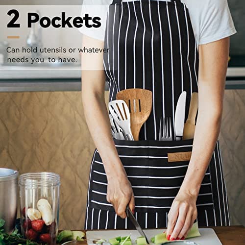 NLUS 2 Pack Kitchen Cooking Aprons, Adjustable Bib Soft Chef Apron with 2 Pockets for Men Women(Black/Brown Stripes) — view 5