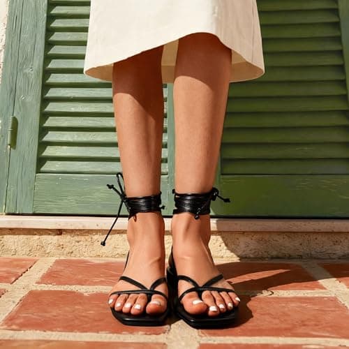DREAM PAIRS Womens Strappy Lace Up Summer Flat Sandals,Black,8 — view 2