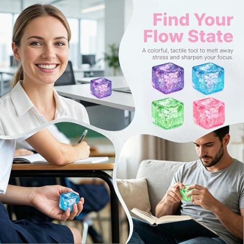 Glitter Ice Cube Squishy Fidget Toys, Squishy Cube Stress Balls for Adults & Kids, Slow Rising Stress Relief Toys, Squeeze Ball Filled with Thick Substance and Glitter (Blue) — view 4