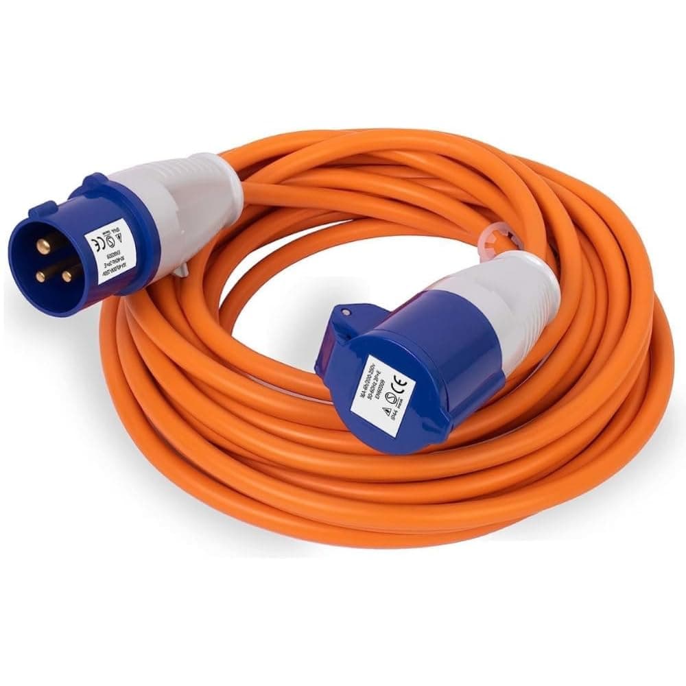 15M Extension Lead Cable - Heavy Duty 16 Amp 240V Camping Caravan Hook Up Cable - High Vis Orange - Ideal for Campervans & Motorhomes (15M)