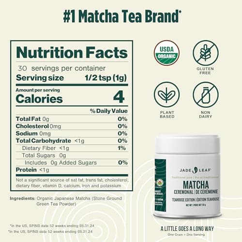 Jade Leaf Matcha Organic Ceremonial Grade Matcha Green Tea Powder - 100% Pure Japanese First Harvest Green Tea for Ceremonies, Usucha, Lattes 30g Tin (Pack of 1)
