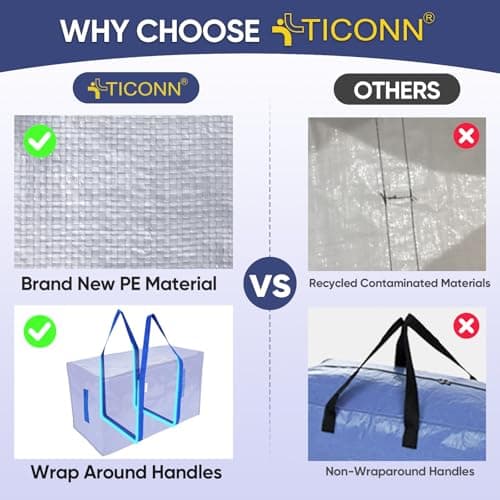 TICONN 6 Pack Extra Large Moving Bags Heavy Duty with Zippers & Carrying Handles, Durable Storage Bags Moving Boxes for Closet Organizers and Storage (6 Pack, Blue) — view 5