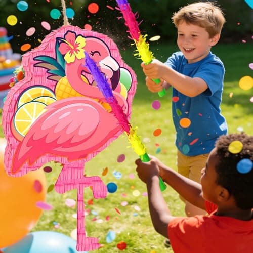 4 In 1 Flamingo Piñata, 23'' Hawaiian Piñatas Bundle, Tropical Hawaiian Party Decor Stick etc Flamingo Party Favor Bag Fillers Decorations — view 3