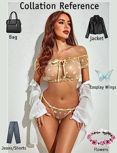 Avidlove Bra and Panty Set Ruffle Lingerie Set Mesh Babydoll Chemise (Yellow Daisy X-Large) — view 3