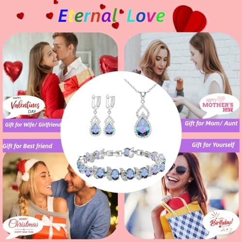LMXXVJ Multicolor Cubic Zirconia Formal Jewelry Sets for Women,Platinum Plated Necklace Earrings Tennis Bracelet Gift Set for Mom/Wife/Sister/Best Friend — view 3