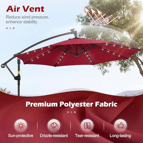 Tangkula 10ft Solar Patio Umbrella with Base Included, Offset Cantilever Outdoor Umbrella with 32 LED Lights, Infinite Tilt, 360 Degree Rotation, Crank Handle for Pool Deck Garden Backyard (Wine) — view 4