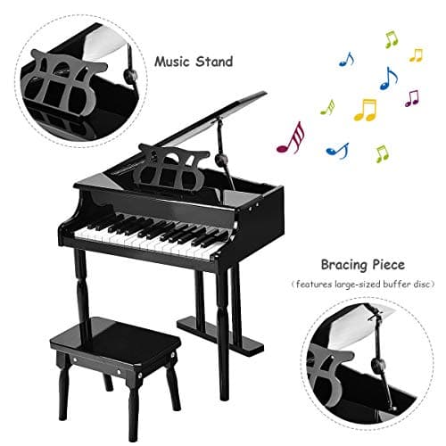 Goplus 30-Key Classical Kids Piano, Mini Grand Piano Wooden Learn-to-Play Musical Instrument Toy with Bench, Piano Lid, Music Rack, Gift for Boys Girls Aged 2+ Baby Toddler(3 Straight Leg-Black) — view 3