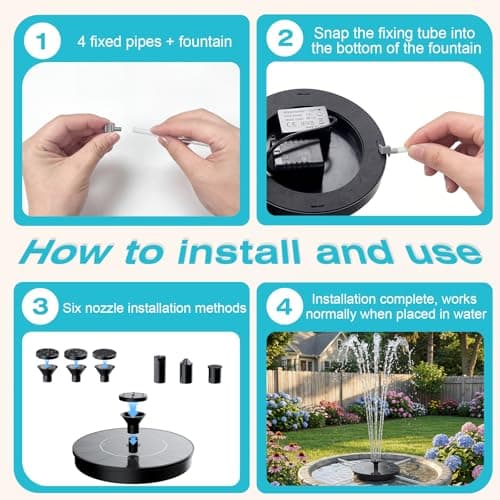 AMZtime Solar Fountain for Bird Bath, Upgrade Solar Water Fountain Mini Free Standing Solar Water Pump with 4 Fixing Rods, 6 Spray Modes for Garden, Pond, Pool & Outdoor — view 5