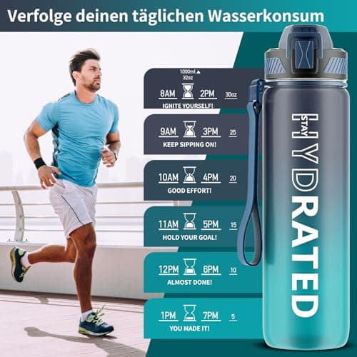 QLUR Water Bottle with Straw, 32oz Sports Motivational Water Bottle with Time Markings to Drink & Carry Strap & Clean Brush, 1L, Tritan, BPA Free, LeakProof for Women Men Gym Fitness Outdoor (1 Pack)