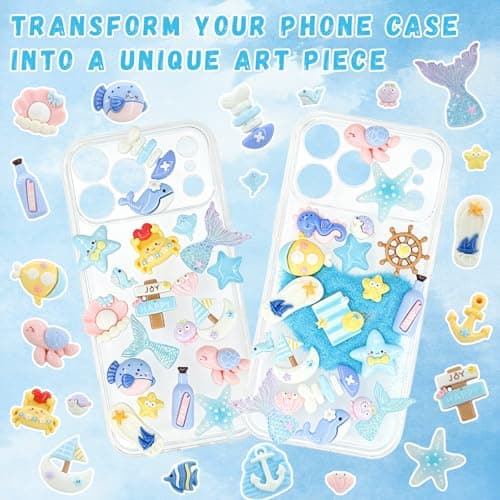 RidaaFri Junk Case Charms Kit, 3D Flatback Pearls Set, Blue Ocean Beach Themed Cute Starfish Turtles Mermaids Large Charms for DIY Craft Accessories — view 2
