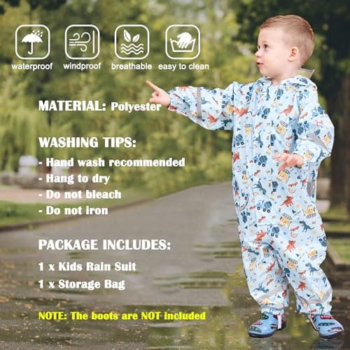 Kids Toddler Rain Suit for Boys Girls One Piece Hoodie Zipper Cartoon Waterproof Coverall Rain Jacket 2-5 Years M Size — view 2