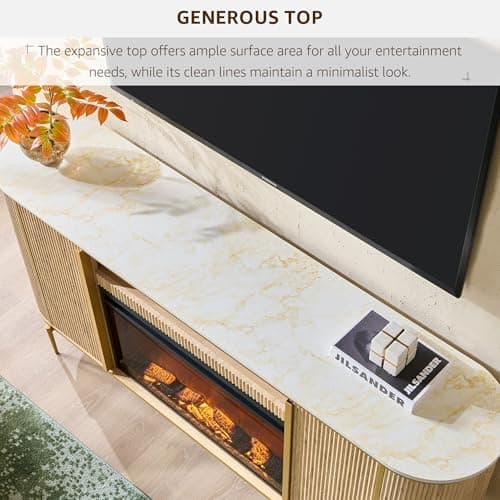 OKD Luxury 70" Fluted Fireplace TV Stand, Modern Chic Entertainment Center for TVs Up to 80 inches, TV Console with Faux Marble Top, Curved Profile Design, Media Console for Living Room, Natural Oak — view 2