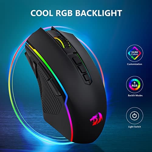 Redragon Gaming Mouse, Wireless Mouse Gaming with 8000 DPI, PC Gaming Mice with Fire Button, RGB Backlit Programmable Ergonomic Mouse Gamer, Rechargeable, 70Hrs for Windows, Mac Gamer, Black — view 2