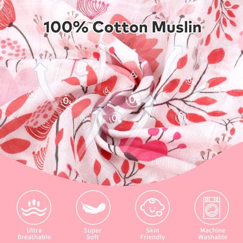 Rquite Infant Car Seat Cover for Babies Girls, Muslin Cotton Carseat Canopy, Breathable Stroller Sun Shade, Baby Shower Gift & Newborn Essentials, Universal Fit Summer & Hot Weather (Pink Flowers)