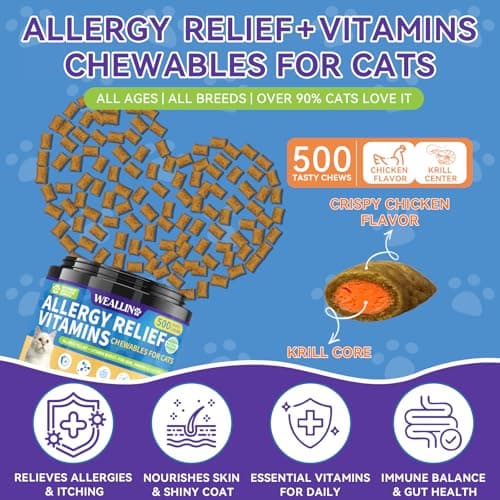 Cat Allergy Relief for Cats, Allergy Treats with Multivitamin Omega-3 Probiotic for Cats, Immunity Supports Seasonal Itching Licking & Scratching for All Breeds 500 Crunchy & Krill Core Chicken Flavor