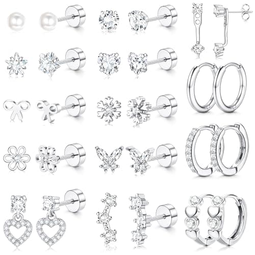 LOLIAS Hypoallergenic Flat Back Earrings for Women Girls-Surgical Stainless Steel Earrings for Sensitive Ears-Cute Flatback Stud Earring Set Small Hoops Cartilage Earring Stacks Silver CZ Age Over 4 Years Old
