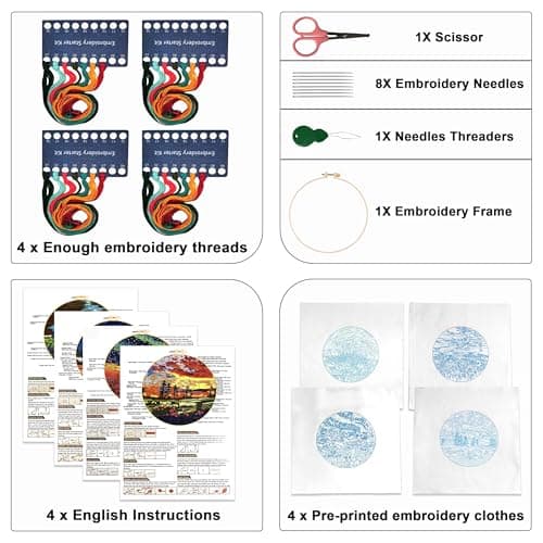 Maydear 4 Pack Embroidery Starter Kit with Pattern, Stamped Cross Stitch Kits for Beginners Adults with Embroidery Hoop and Instructions, Hand Embroidery Kit (Embroidery kit flower2) — view 4