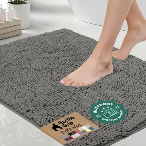 GORILLA GRIP Bath Mat, Thick Soft Absorbent Chenille Floor Mats, Rubber Backing Bathmat, Quick Dry Rug, Machine Washable Rugs for Shower and Tub Floors, Bathroom Accessories Decor, 61x43 cm Charcoal
