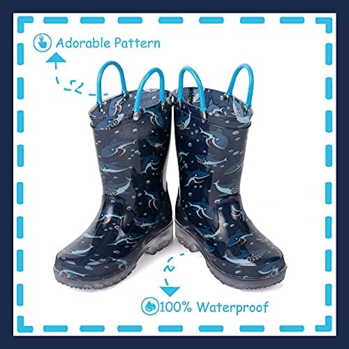 OUTEE Toddler Boys Rain Boots Little Kids Baby Light Up Printed Waterproof Mud Shoes Blue Shark Lightweight Rubber Adorable with Easy-On Handles Non Slip (Size 9,BLue)