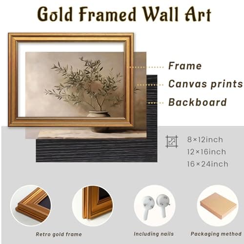 Vintage Botanical Wall Art, Gold Framed Olive Tree Paintings Wall Decor, Modern Farmhouse Still Life Canvas Prints, Plant Antique Pictures, Organic Modern Artwork for Living Room Bathroom 8x10 Inch — view 6