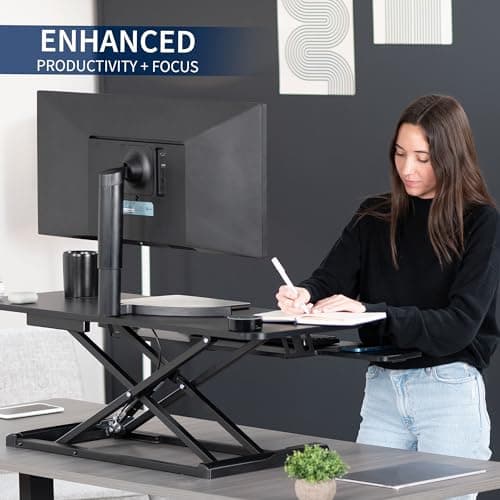VIVO 42 inch Desk Converter, K Series, Height Adjustable Sit to Stand Riser, Dual Monitor and Laptop Workstation with Wide Keyboard Tray, Black, DESK-V042KB — view 3
