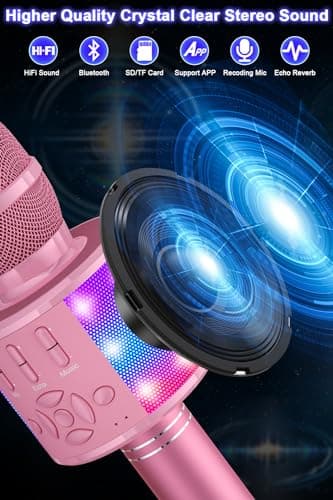 BONAOK Kids Karaoke Microphone Portable Bluetooth Machine Wireless Mic with LED Light, Birthday Gift Toys for Girls Boys Ages 4 5 6 7 8 9 10 11 12 Years Old Party Home(Pinkcolor) — view 4