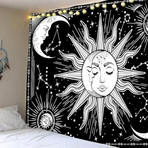 Jation Moon and Sun Tapestry Burning Sun Star Psychedelic Mystic Wall Hanging Poster Black and White Tapestry Art for Home Headboard Dorm Decoration in 150 * 130cm — view 5
