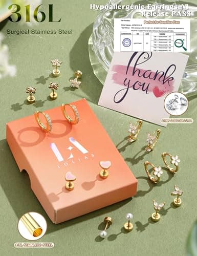 LOLIAS Hypoallergenic Flat Back Earrings for Women Girls-Cute Toddler Kids Teen Girls Earring Set-Surgical Steel Earrings for Sensitive Ears-14K Gold Plated Stainless Steel Flatback Studs Screw Back Small Hoop Cartilage Earring Stacks 14K Gold Plated Age Over 4 Years Old — view 4