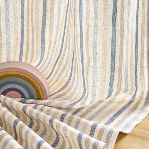 jinchan Colorful Linen Curtains for Living Room Multi Blue on Beige Striped Curtains for Bedroom Ticking Stripe Farmhouse Light Filtering Pinstripe Window Treatment 2 Panels 84 inches Long — view 4