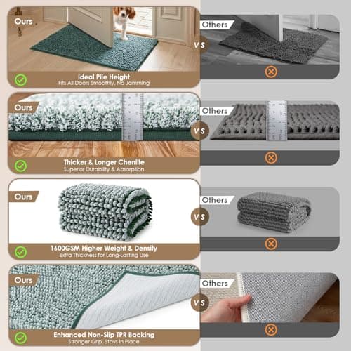 EHEYCIGA Super Absorbent Dog Door Mat for Muddy Paws 30x20 Inch Indoor, Front Doormat Outside Entrance, Quick Dry Chenille Washable Dog Crate Bed, Non-Slip Pet Rug Mud Mat Outdoor Entryway, Green