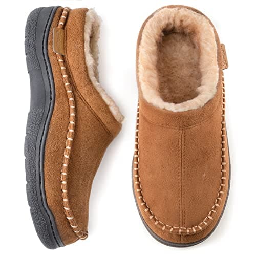 Zigzagger Men's Slip On Moccasin Slippers, Indoor/Outdoor Warm Fuzzy Comfy House Shoes, Fluffy Wide Loafer Slippers, Tan, 9-10 US