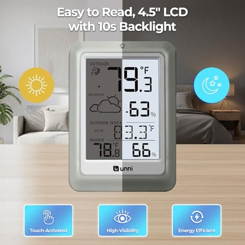 Indoor Outdoor Thermometer Hygrometer Wireless Weather Station, Temperature Humidity Monitor Battery Powered Inside Outside Thermometers with 330ft Range Remote Sensor and Backlight Display — view 4