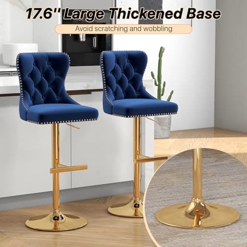 GOOLON Bar Stools Set of 2, Velvet Swivel Counter Height Stools with Tufted Back, Adjustable Seat with Nailheads Trim, Upholstered Bar Chairs with Gold Base for Kitchen Island, Pub, Blue — view 5