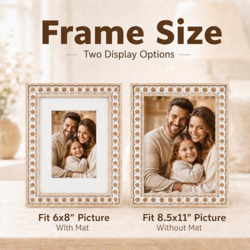 QOTIB Solid Wood 8.5x11 Picture Frame Beaded Frame with 6x8 Mat, Rustic Vintage 8.5 by 11 Photo Frame Matted with Plexiglass for Tabletop or Wall Display, Rustic White — view 2