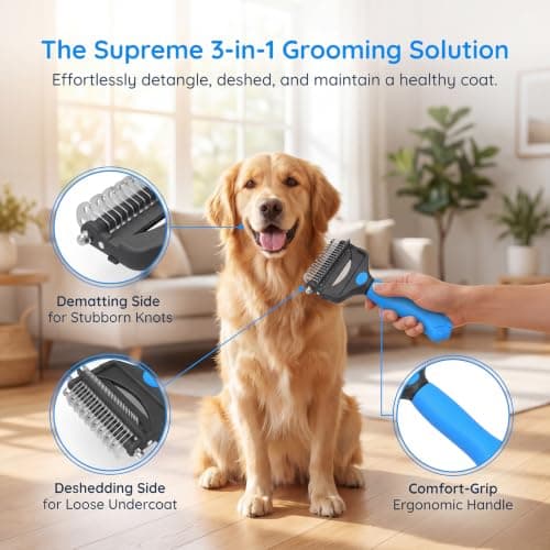 KIVMTAR Deshedding Dog Brush，3-in-1 Undercoat Rake for Dogs，Pet Pro Grooming Tool – Ultimate Dematting Comb & Deshedding Brush for Cats and Dogs, Perfect for Shedding & Detangling (Blue) — view 5