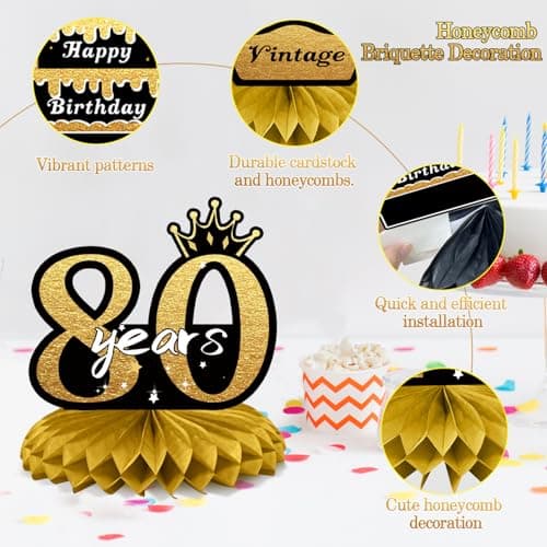 80th Birthday Decorations Set, 1946 Table Toppers for Women Men Birthday Party Supplies, Happy 80 Year Old Table Decoration for Grandpa Grandma, 9Pcs Black & Gold Honeycomb Centerpieces — view 3