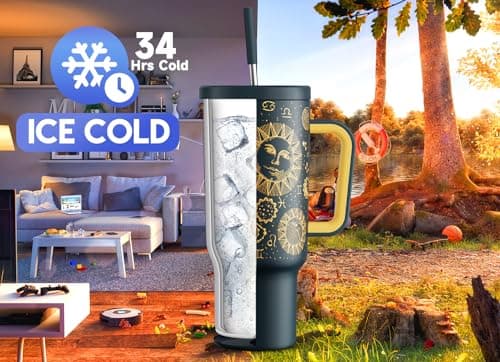 Meoky Tumbler with Straw and Lid for Car: Insulated 40oz Tumbler with Handle - 100% Leakproof Stainless Steel Water Bottle with Straw for Travel Road Trips - Commuters Drivers Workers, Tarot